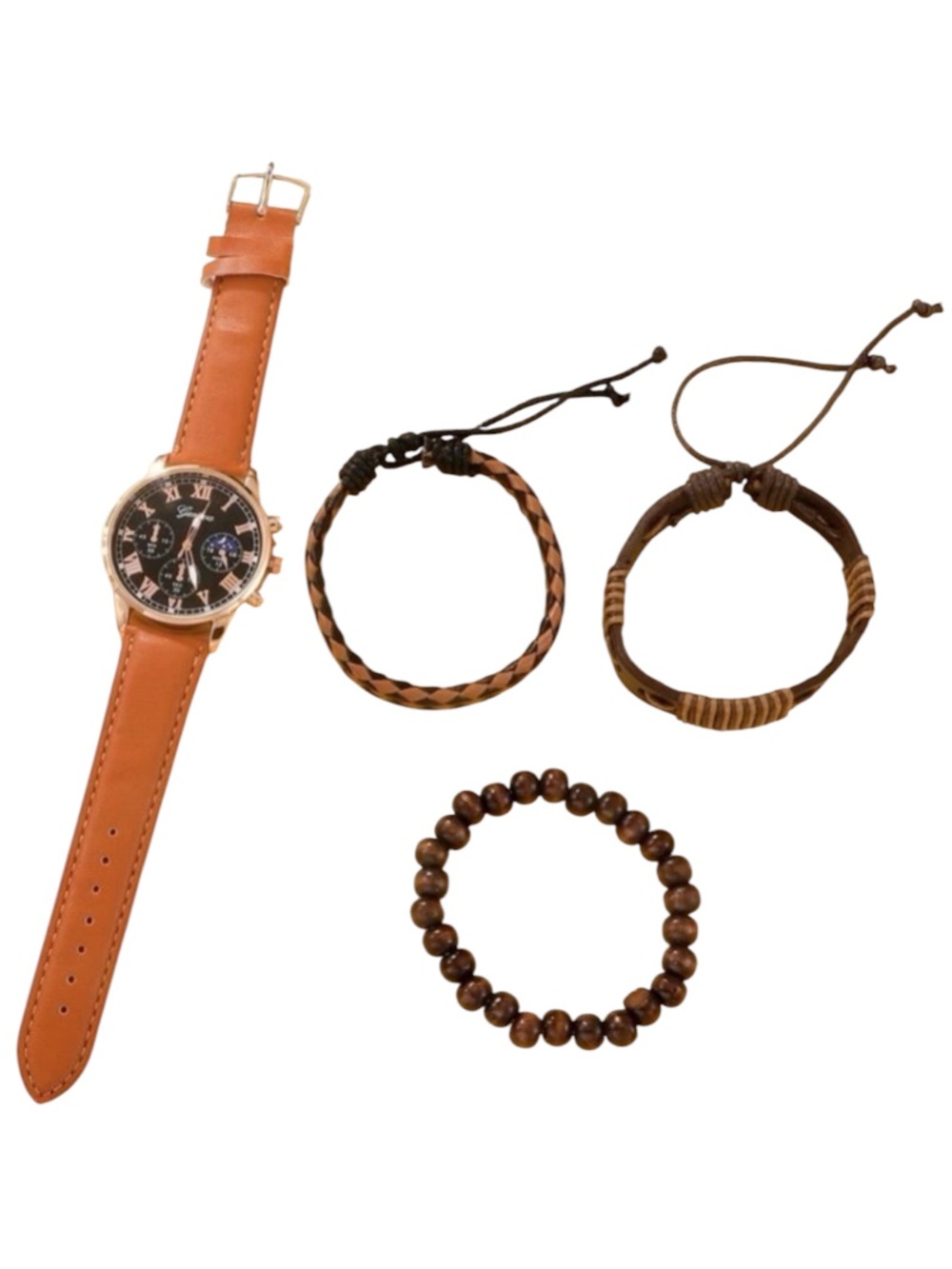 Men Round Pointer Quartz Watch & 3pcs Bracelet beautiful new brown - Picture 6 of 16